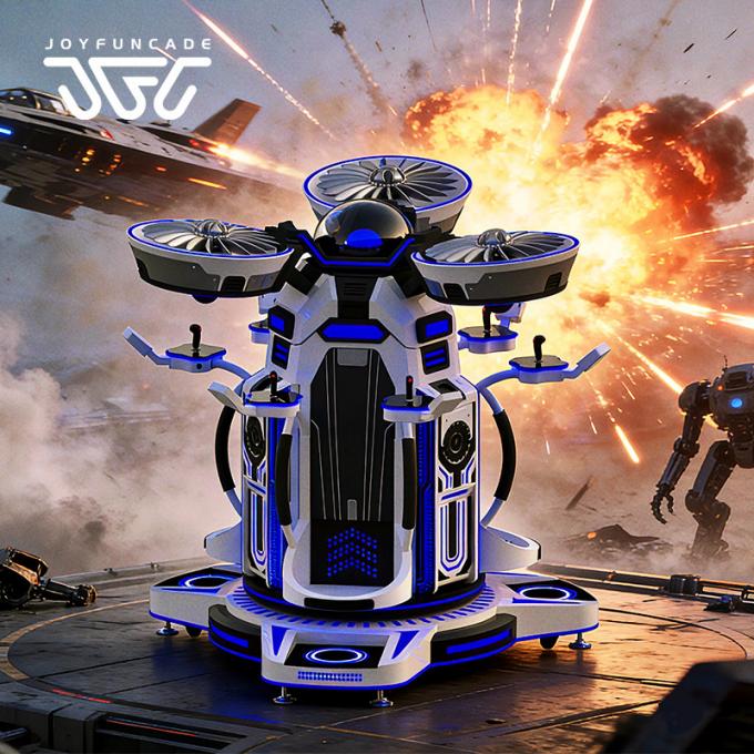 360° VR flight simulator showing three-seat configuration and motion platform